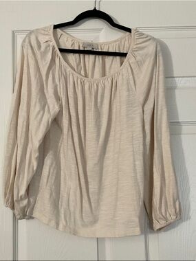 LOFT Cream Gathered-Neck Long Sleeve Blouse